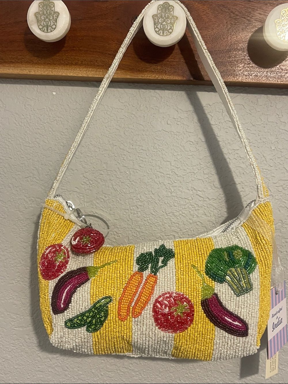 Hand-Beaded Yellow & White Vegetable Motif Shoulder Bag